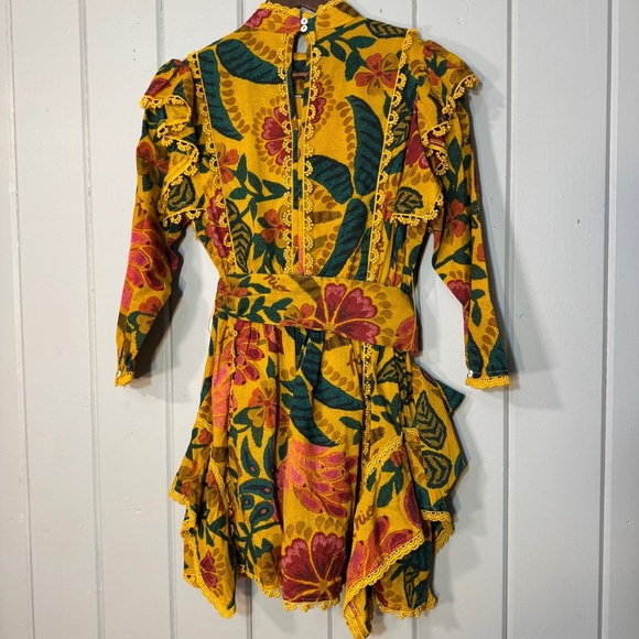 FARM RIO Yellow Flowerdoscopic Mini Dress NWOT Size Small Floral Sash boho‎ - Picture 10 of 16